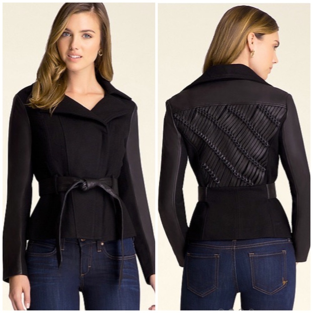 🖤 Bebe Real Leather Danni Black Braided Knot Back Wool Jacket